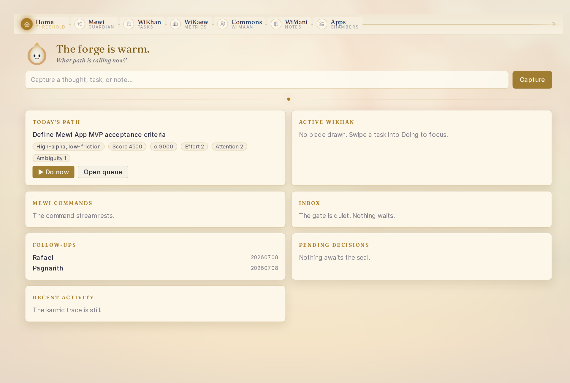 Mewi home at dawn — the designed light mode